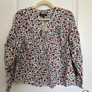 J. Crew White Floral Button-Front Top with Red & Blue Tulip Print